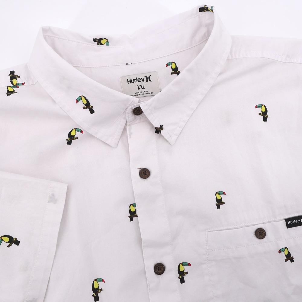NEW Hurley Toucan Print Organic Button Up White Short Sleeve Mens XXL Shirt